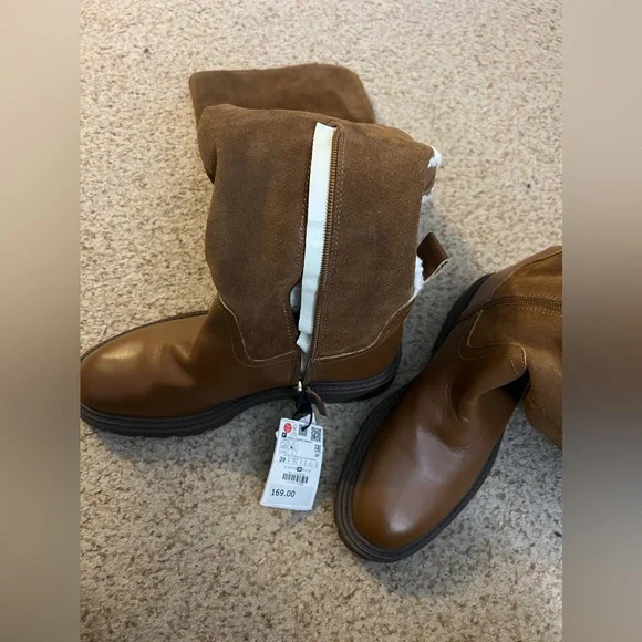 ZARA Over The Knee Leather Boots with Fleece Sherpa Trim- Size EU 39 US 8 - Picture 3 of 9
